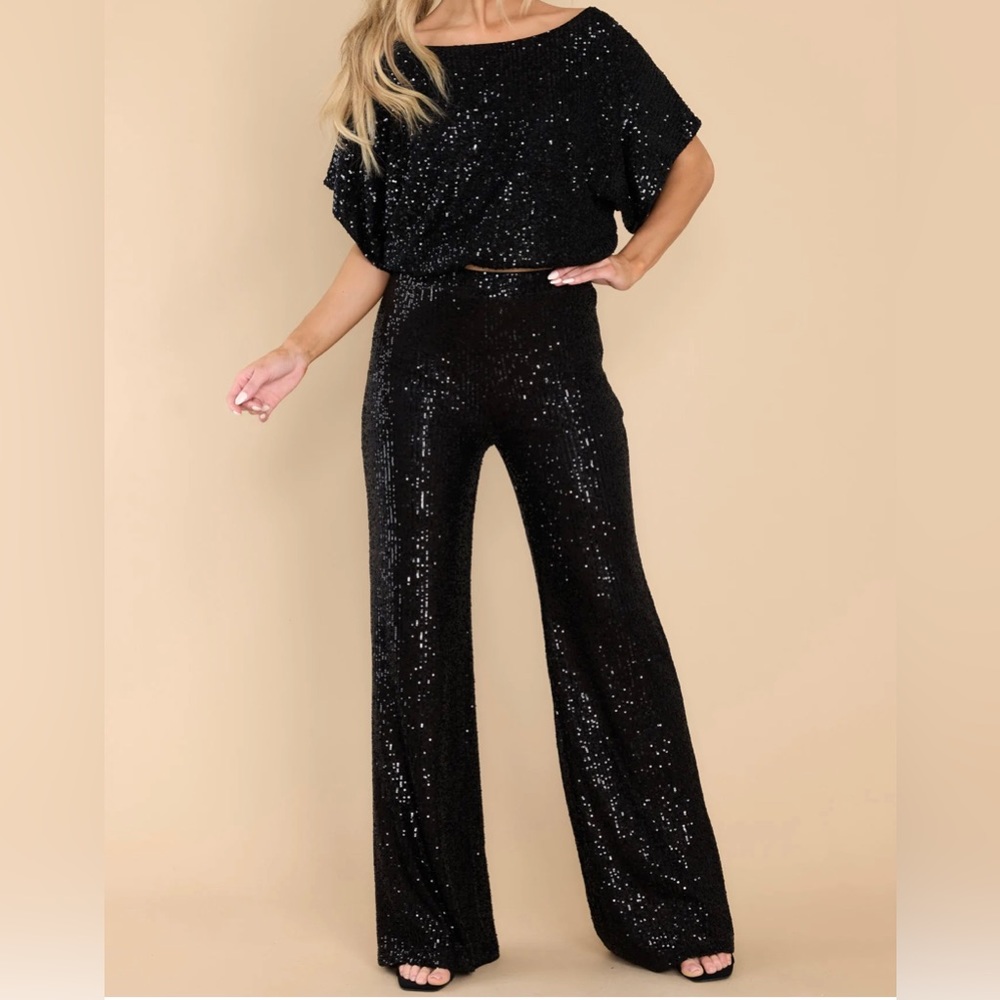 Black sequin outfit. Top worn once, bottoms never worn. Size Medium/Large.